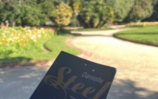 Sininen kirja ja takana vihreä puistomaisema